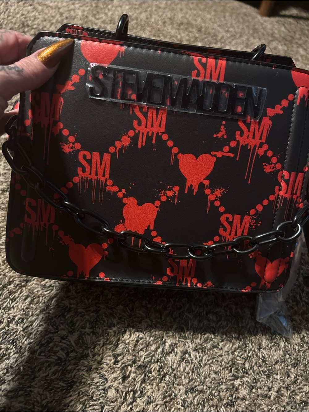 Steve Madden Black Crossbody with Red Heart & SM Print